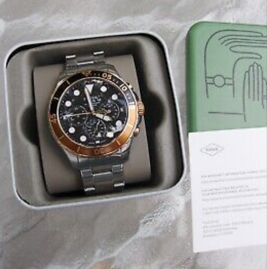 FOSSIL FS 5768 FB-03 STAINLESS SPORT DIVER 3 EYE CHRONOGRAPH BLACK FACE DIAL 2327